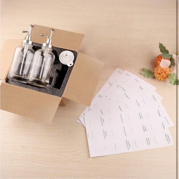 NWT Glass Coffee Syrup Dispenser Bottles with 84 Labels (Set of 2)Coffee Pump - Picture 6 of 7